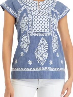 Philosophy Blue Tunic with White Floral Embroidery